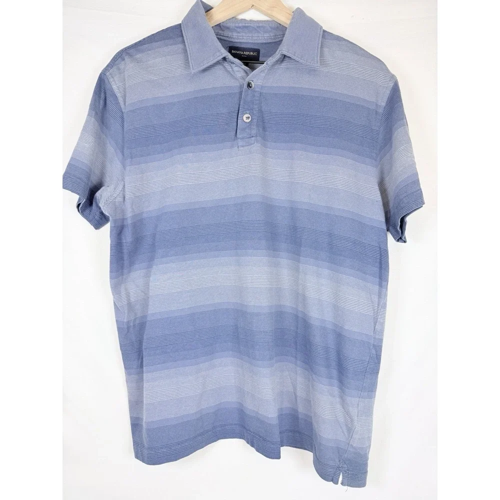 Banana Republic Men's Large Blue Striped Polo Shirt 100% Cotton Short Sleeve
